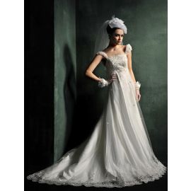 Elegante bestickte Brautkleider für Schwangere mit Cap-Ärmeln