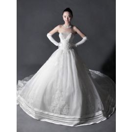 Luxus bestickte Brautkleider A-Linie Weiß mit Schleppe