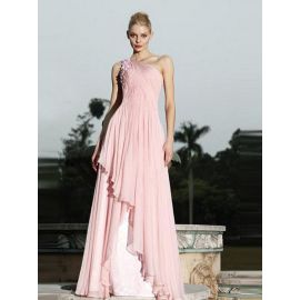 Elegante One Shoulder Abendkleider Rosa A-Linie Chiffon lang
