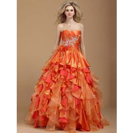 Glamouröse Ballkleider A-Linie Orange Lang mit Rüschen