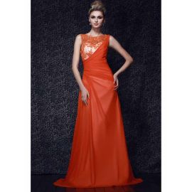 Exquisite Abendkleider A-Linie Orange Chiffon Lang mit Bateau-Ausschnitt